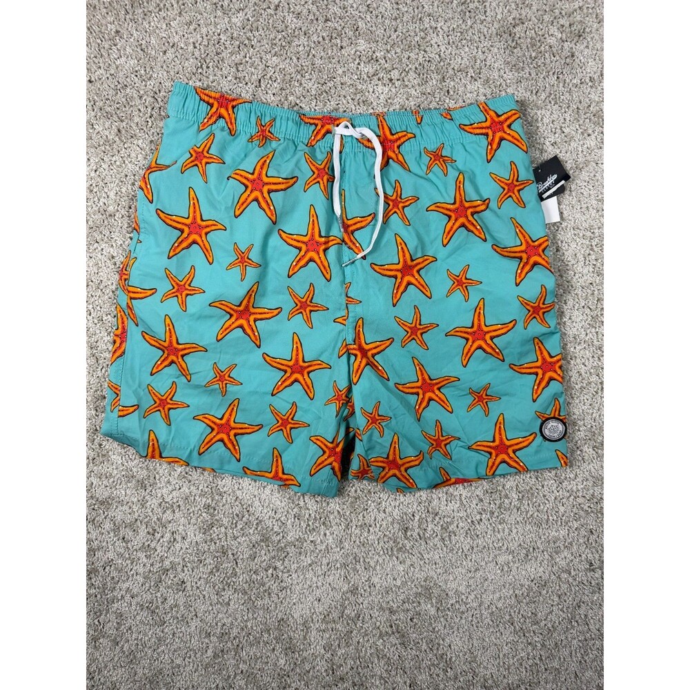 Brooklyn Cloth Kent Ave Starfish Swim Trunks Aqua Orange Men's Size S NWT